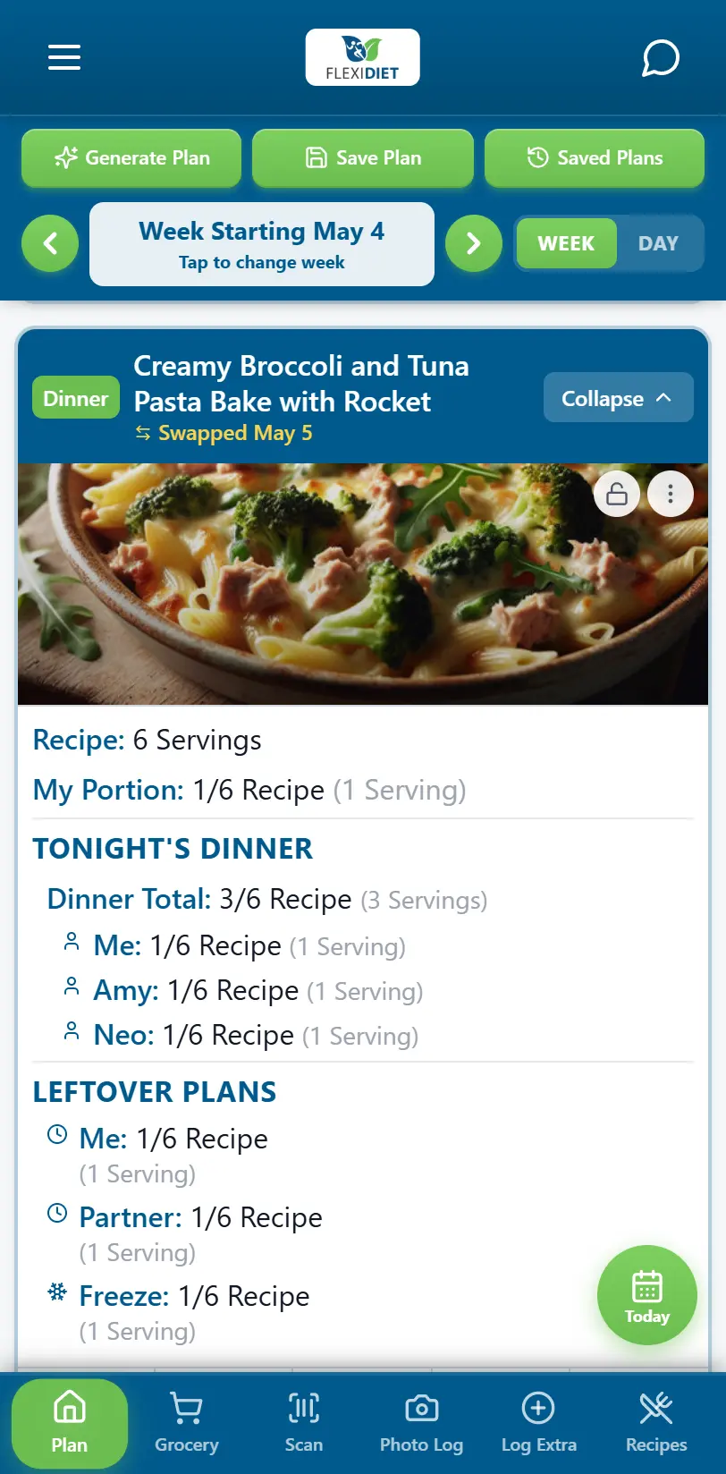 Daily plan with portions, recipes, and grocery list