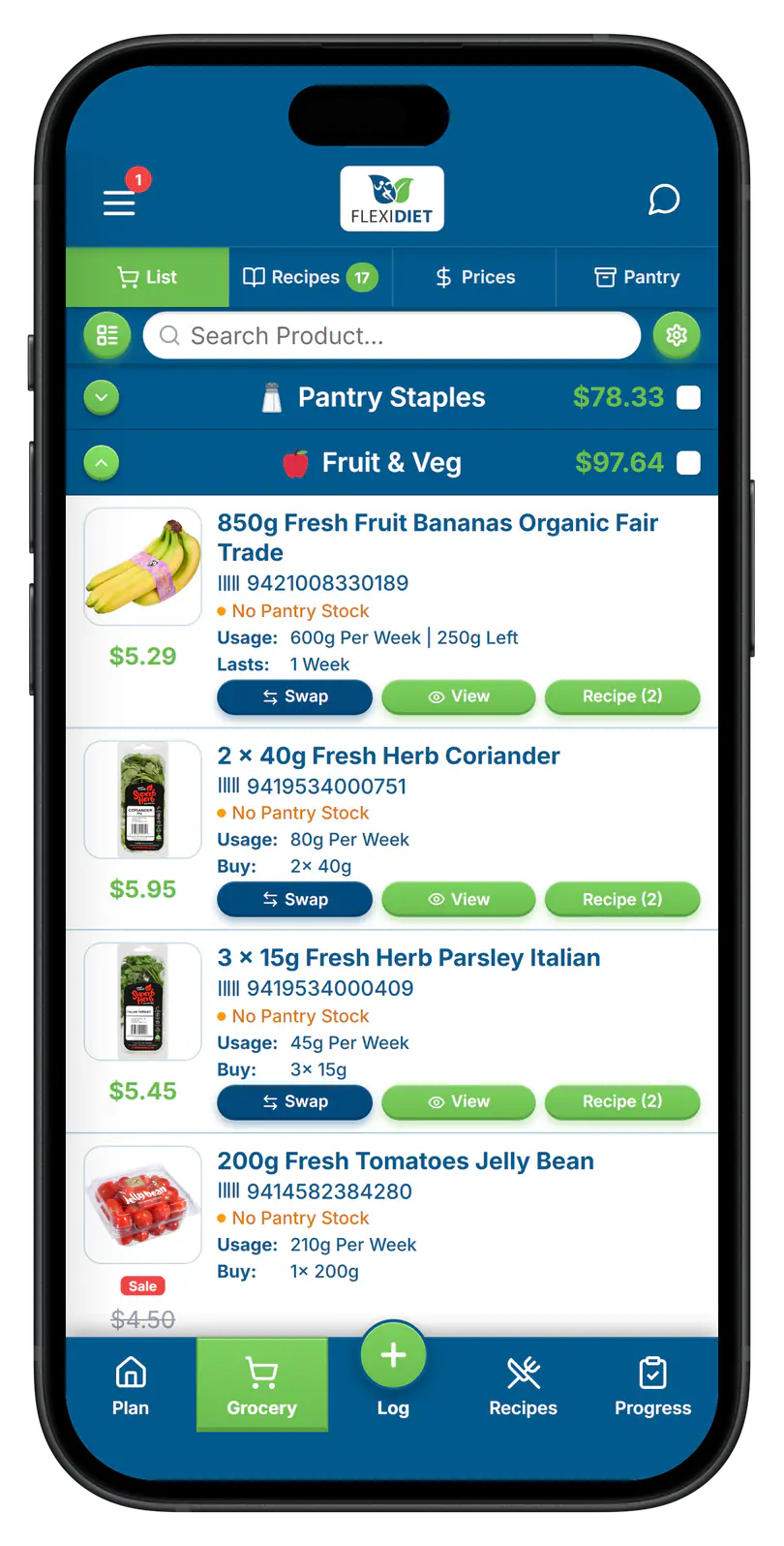 FlexiDiet grocery list grouped by category with prices