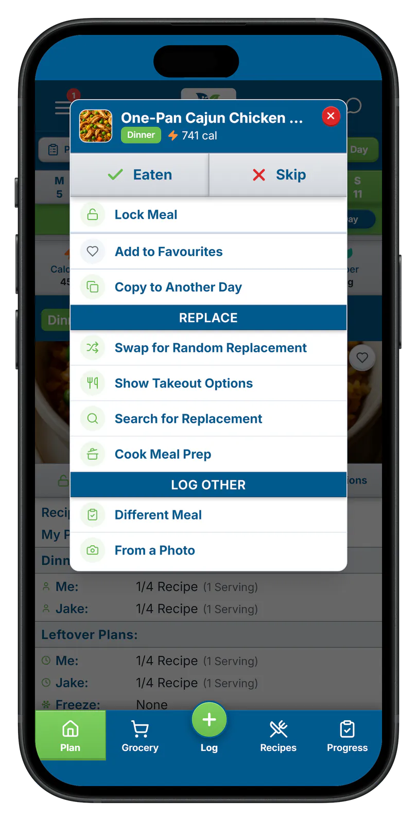 FlexiDiet meal swap menu with alternative options