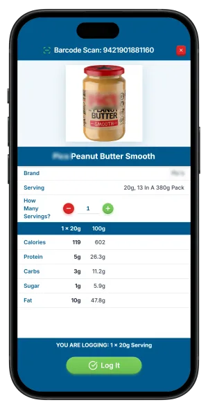 Scanning a peanut butter barcode in FlexiDiet, with the scan result showing its calories