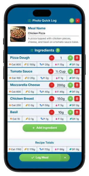 A photo of a chicken pizza logged in FlexiDiet with its ingredients and a whole pizza estimate of 1760 calories