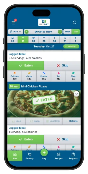 Tapping Eaten on a planned recipe in FlexiDiet to log its calories