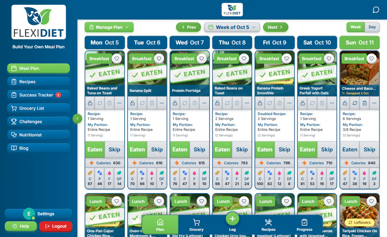 FlexiDiet weekly meal plan dashboard showing all 7 days