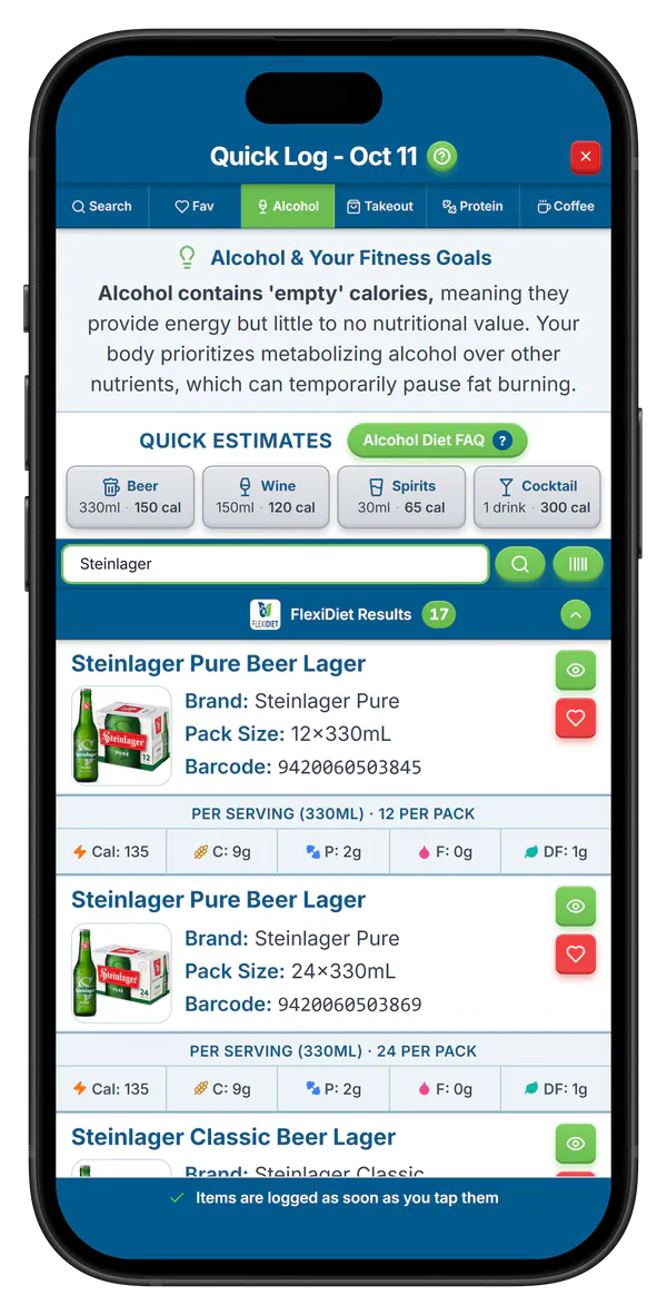 FlexiDiet alcohol quick-log with saved favourites