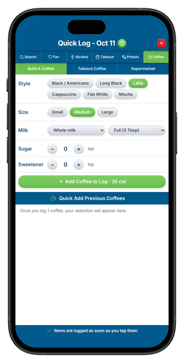 FlexiDiet coffee builder with real supplier data