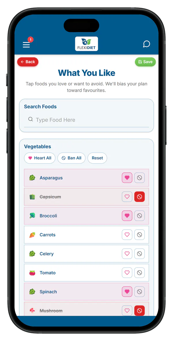 FlexiDiet setup wizard food preferences screen