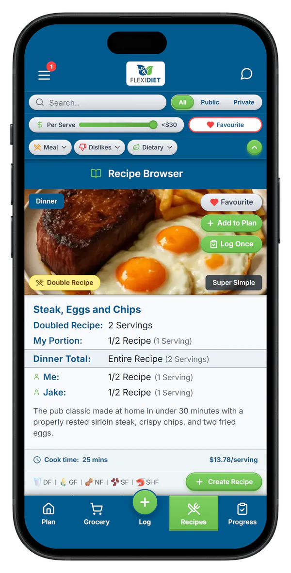 FlexiDiet recipes view with favourited meals highlighted