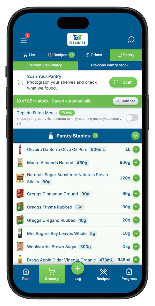 FlexiDiet pantry stock level tracker